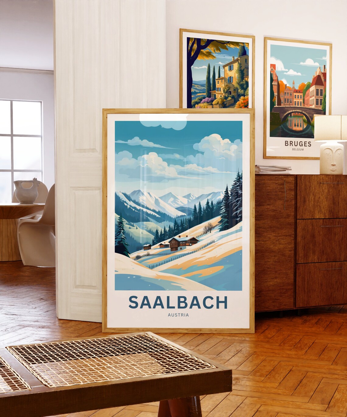 Personalized Saalbach Austria Snowy Pines Cabins Winter Poster - Image 5