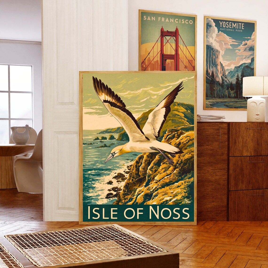 Isle of Noss Scotland Vintage Flying Gannet Over Coastal Cliffs Poster - Image 5