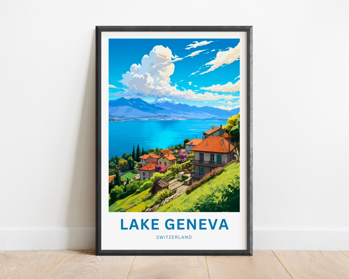 Lake Geneva Switzerland Lakeside Village Mountains View Travel Poster