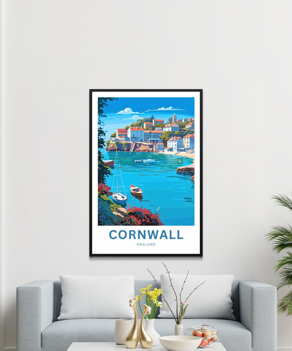 Cornwall England Sailboat Bay and Hillside Village Scene Poster - Image 3