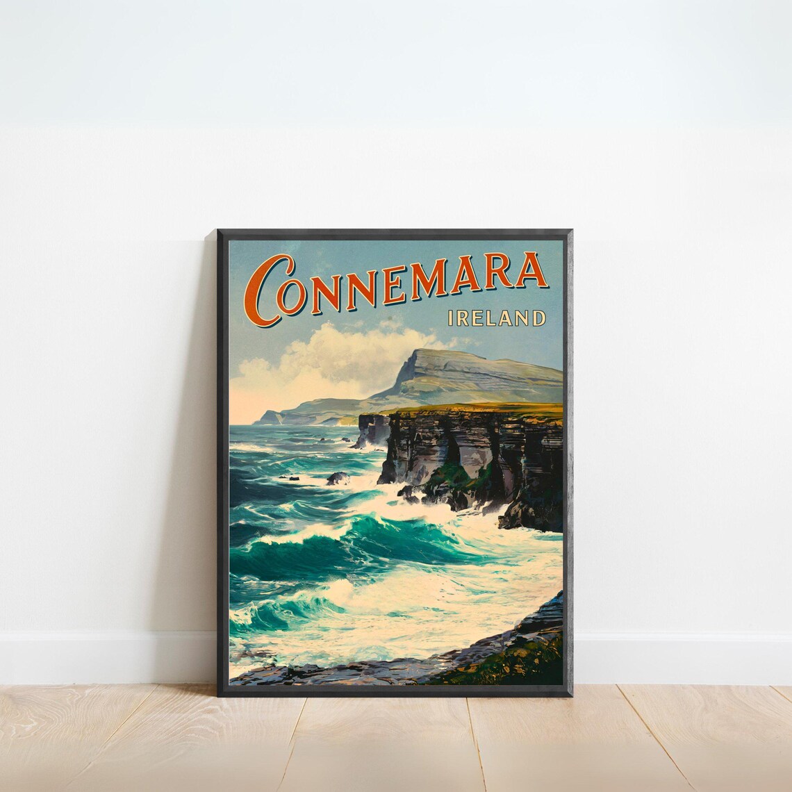 Connemara Ireland Vintage Cliffs Crashing Waves Retro Style Poster
