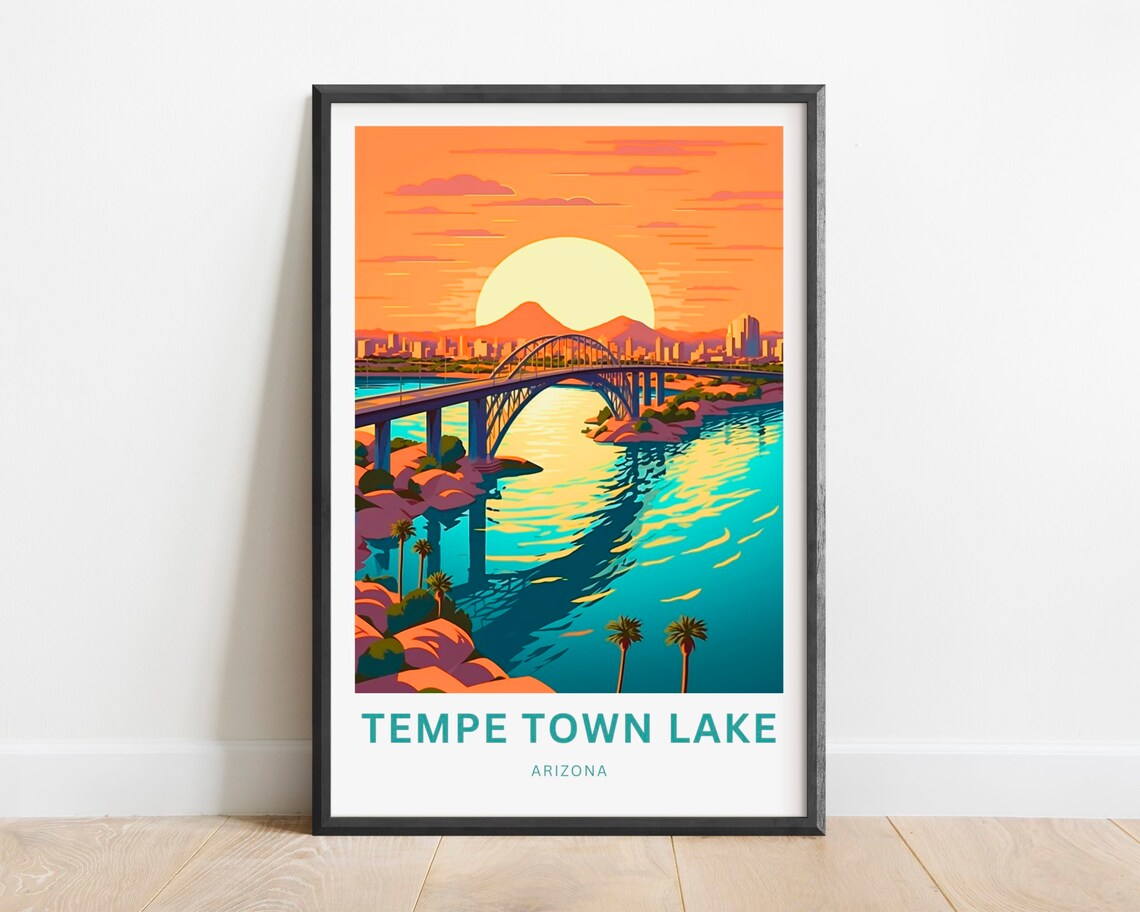Tempe Town Lake Arizona Sunset Skyline Bridge Evening Travel Poster