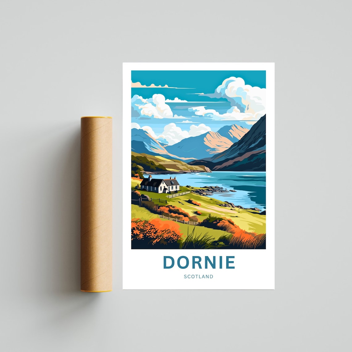 Dornie Scotland Lochside Cottages Teal Water Mountain Scene Poster - Image 4