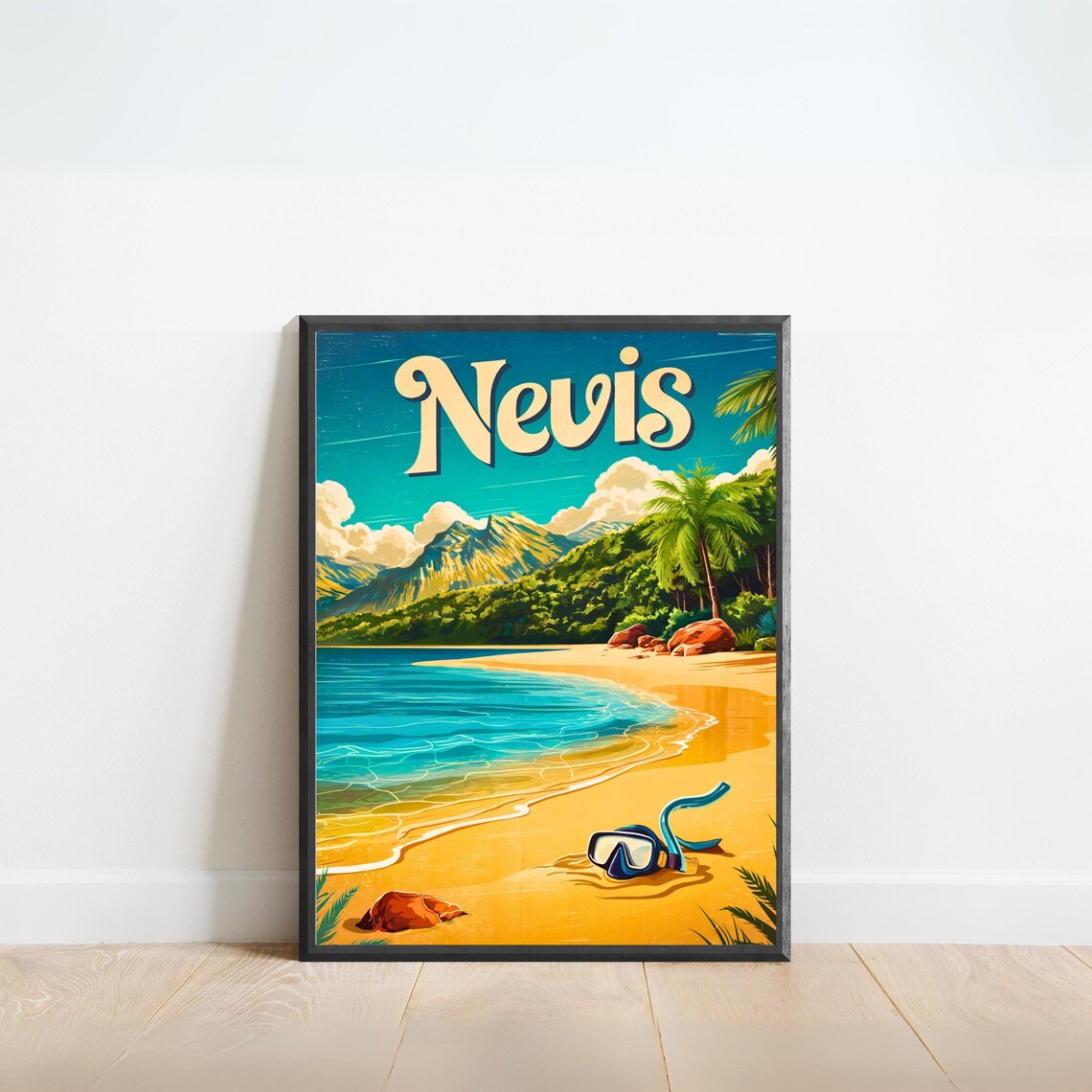Retro Nevis Caribbean Snorkel Beach Mountain Vintage Travel Poster