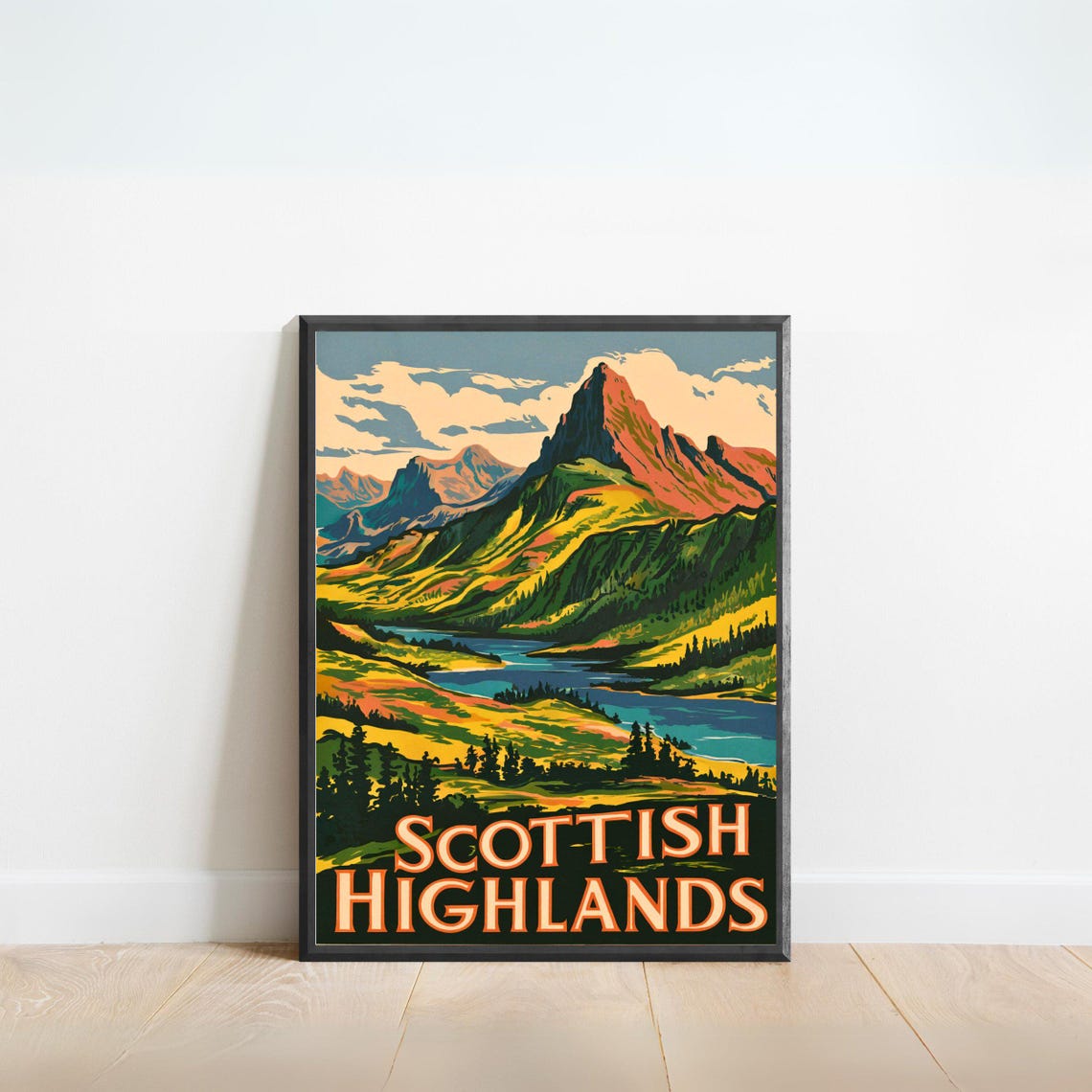 Scottish Highlands Vintage Red Peak Loch Landscape Art Poster