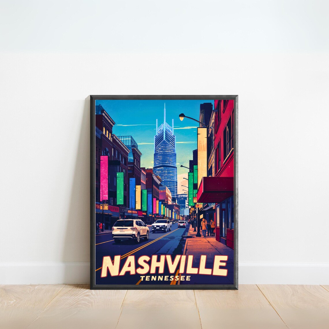 Nashville Tennessee Broadway Street Vintage Style Travel Poster