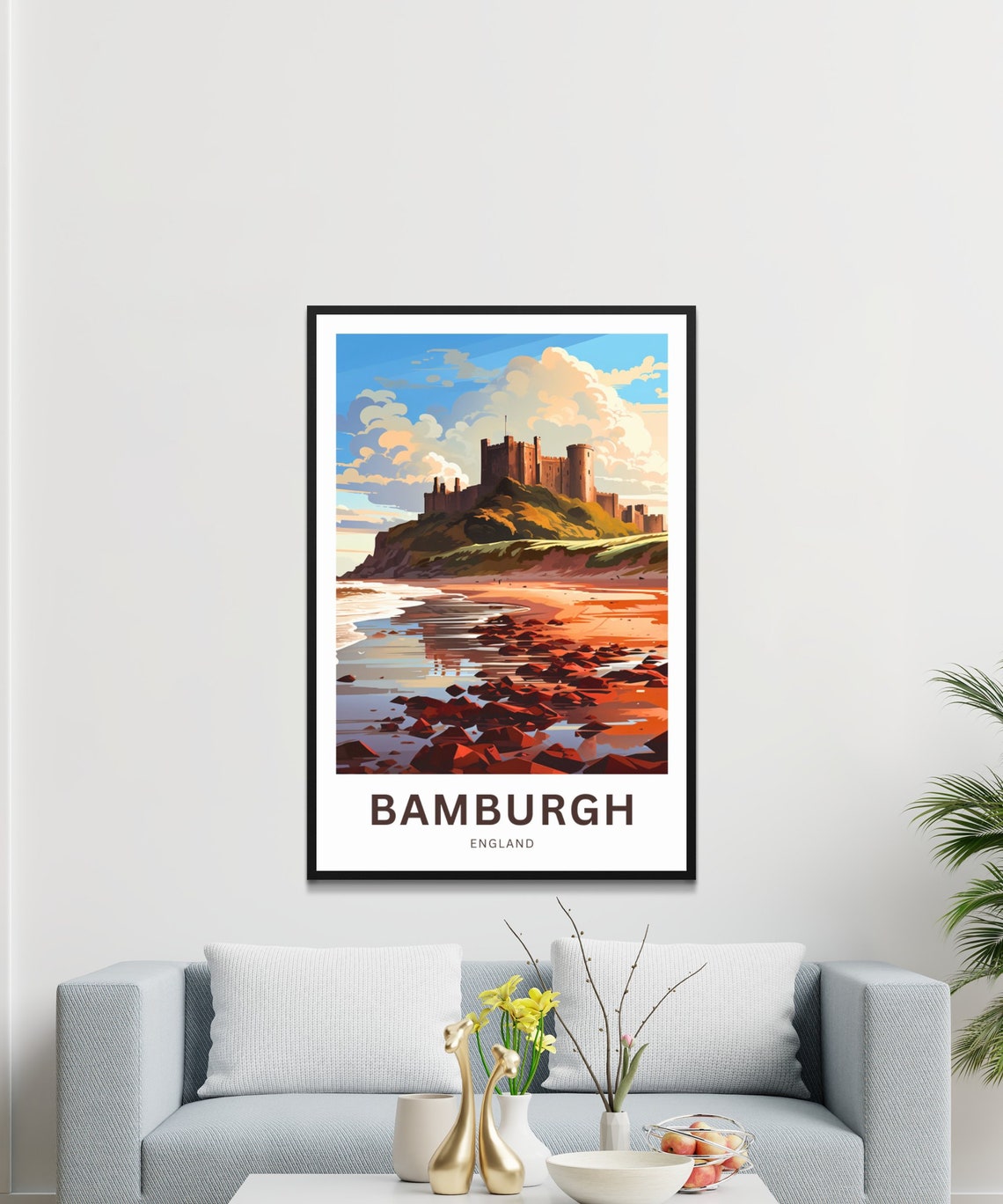 Bamburgh Castle Golden Sunset Reflective Beach England Travel Poster - Image 3