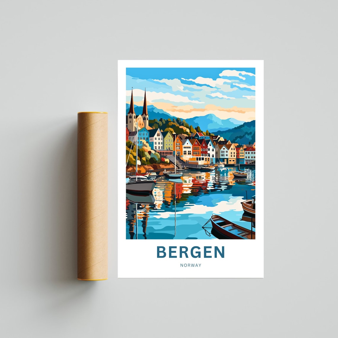 Bergen Norway Harbor Boats Church Spires Fjord Town Travel Poster - Image 4