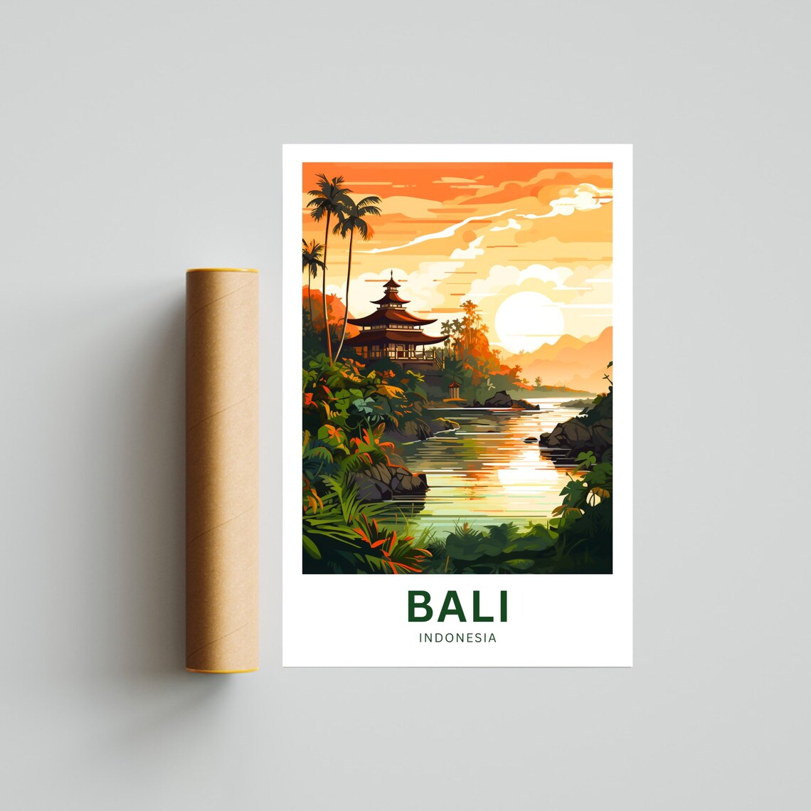 Bali Indonesia Sunset Temple Palm River Landscape Travel Poster - Image 4