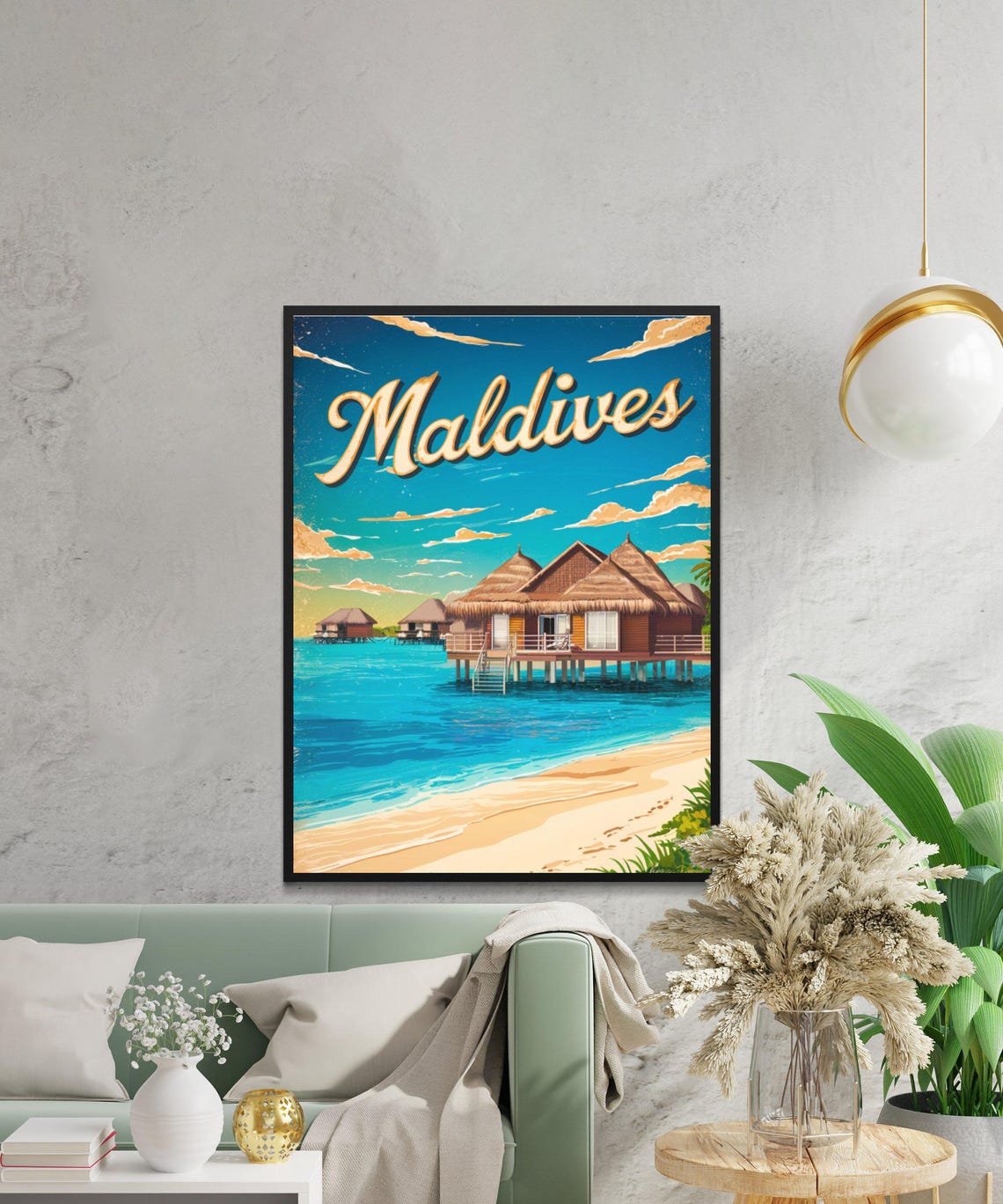 Maldives Vintage Overwater Bungalows Retro Beach Travel Poster - Image 3