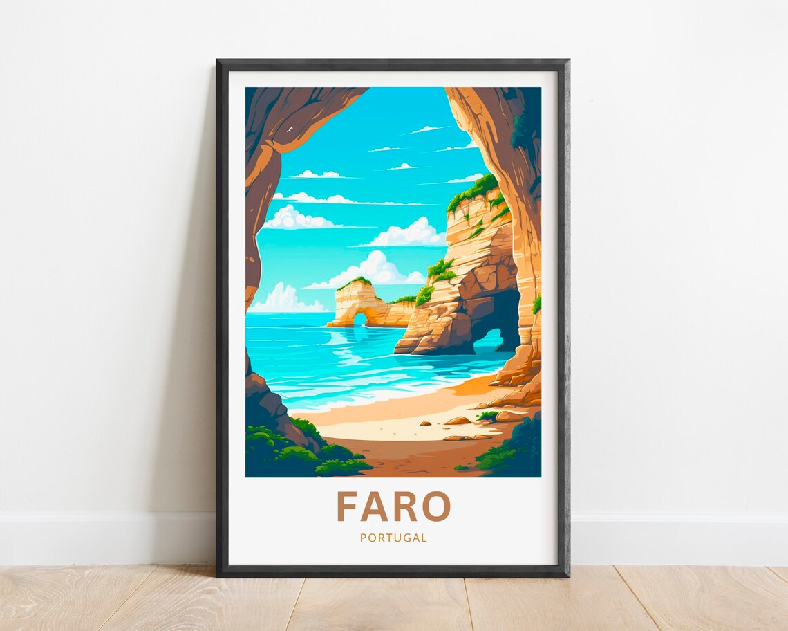 Faro Portugal Sea Arch Cave Beach Coastline Retro Travel Poster