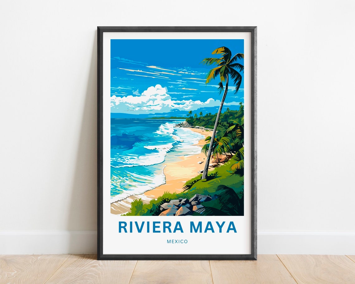 Riviera Maya Mexico Turquoise Waves Beach Palm Art Travel Poster