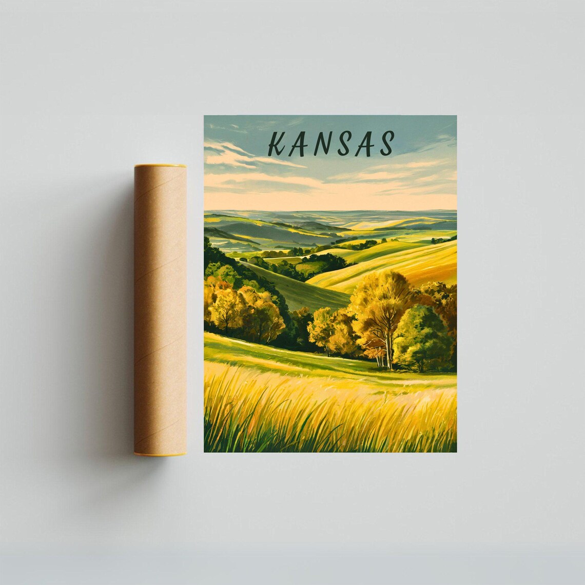 Kansas Golden Prairie Rolling Hills Vintage Travel Art Poster - Image 3