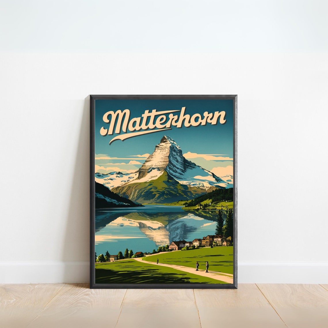 Matterhorn Village Chalets Green Shore Lake Path Vintage Poster