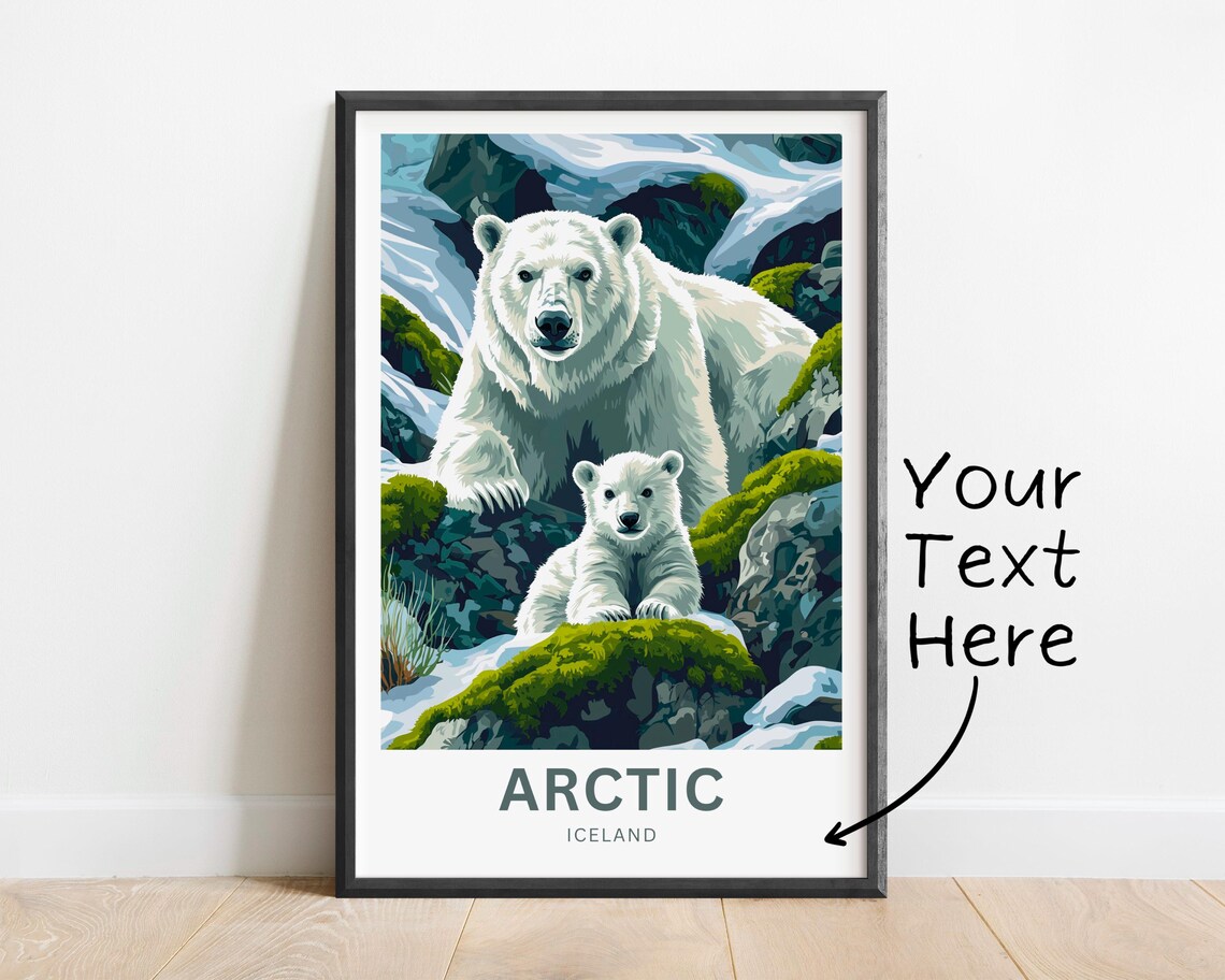 Arctic Iceland Polar Bear and Cub on Mossy Snowy Rocks Poster - Image 2