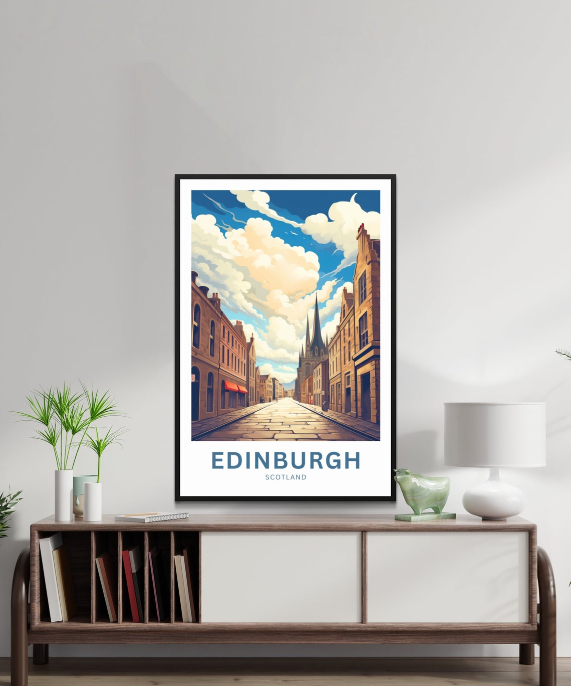 Edinburgh Scotland Cobblestone Street Church Spire Clouds Poster - Image 3