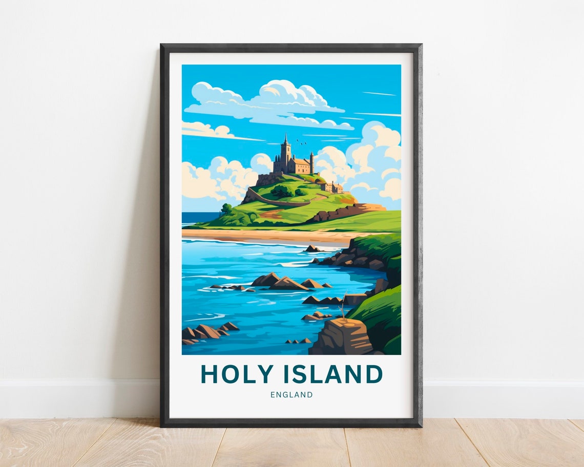 Holy Island England Castle Hill Rocky Shore Blue Sea Art Poster