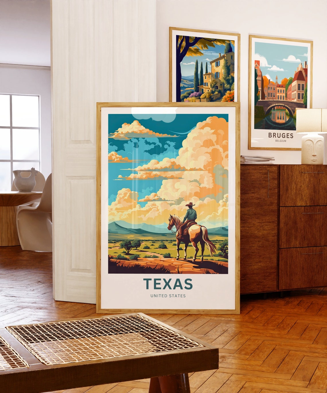 Texas Cowboy On White Horse Prairie Under Cloud Filled Sky Poster - Image 5