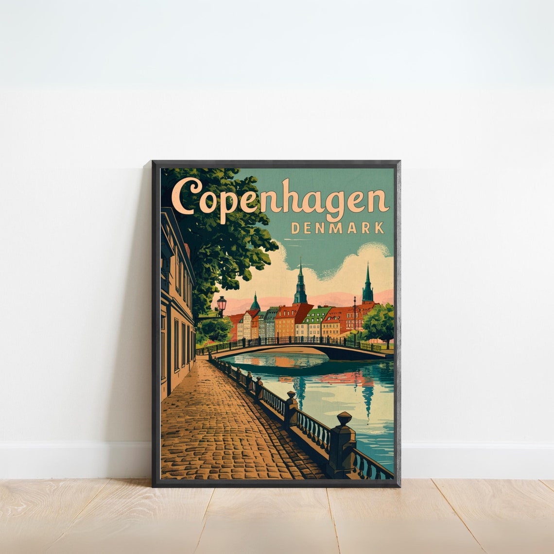 Copenhagen Denmark Vintage Cobblestone Canal Bridge Old Town Poster
