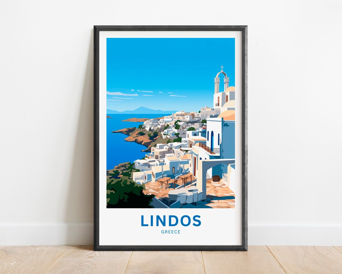 Lindos Greece Whitewashed Village Church Coast Travel Poster