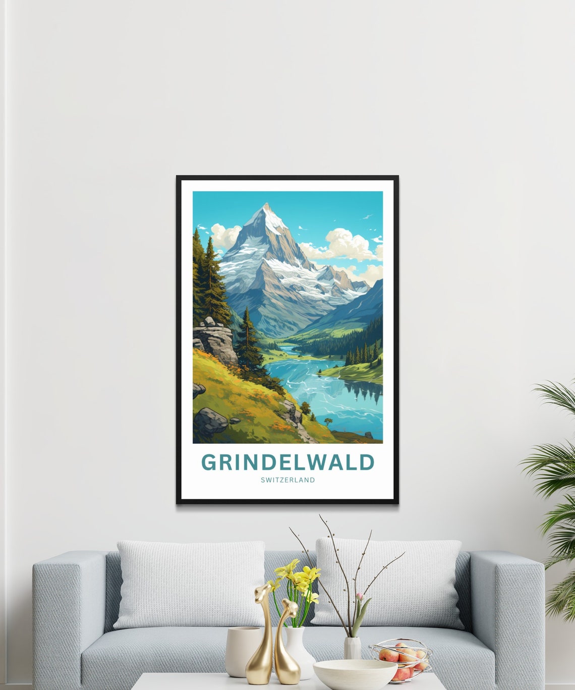 Grindelwald Switzerland Snow Peak Alpine Lake Meadow View Poster - Image 3