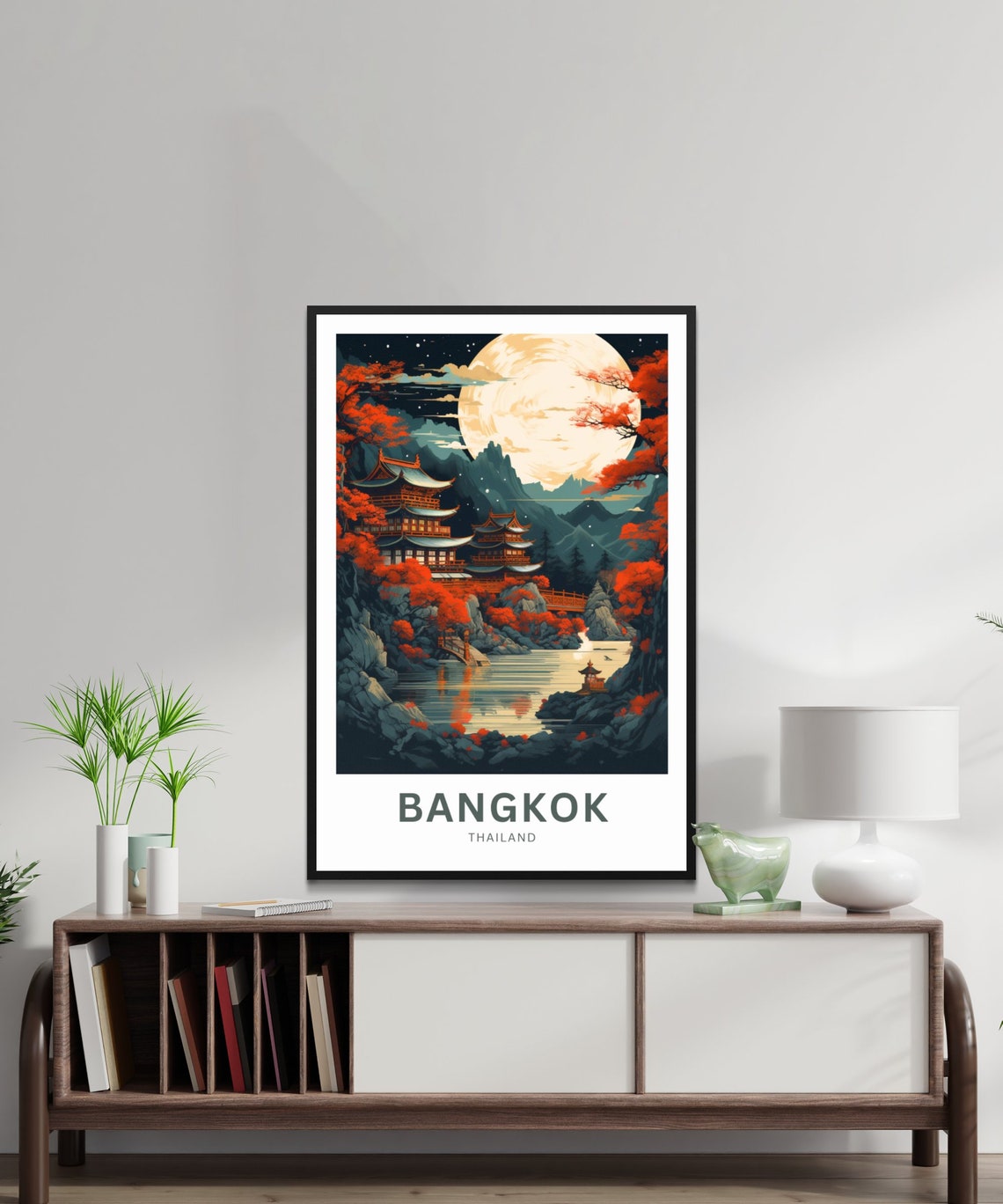 Personalized Bangkok Thailand Moonlit Pagoda Lake Custom Travel Poster - Image 2