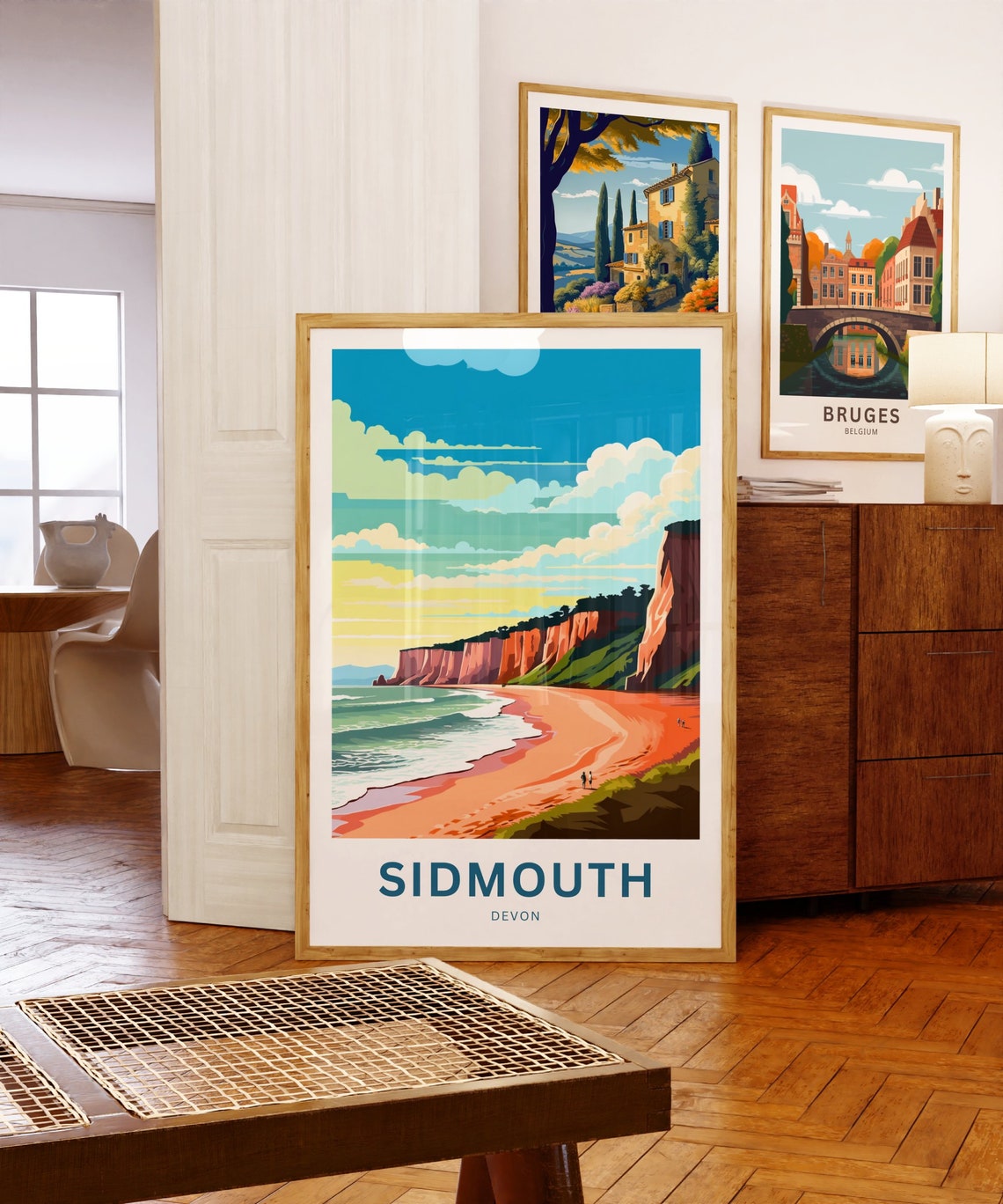 Sidmouth Devon Red Cliffs Sweeping Beach and Blue Sea Retro Poster - Image 5