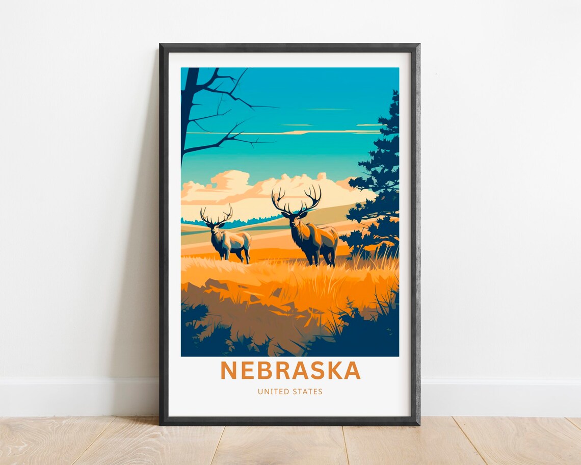Nebraska Prairie Two Deer in Golden Grass Sunset Travel Poster