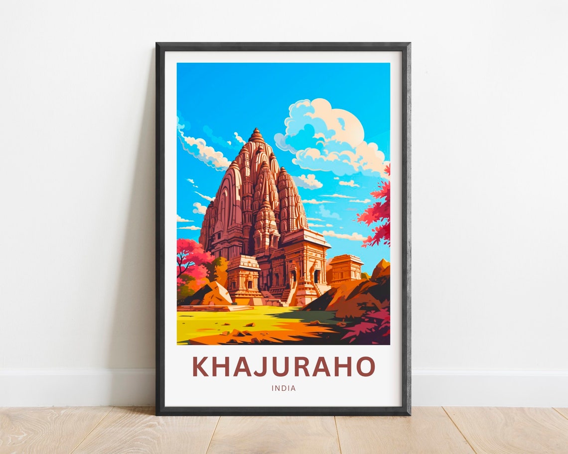 Khajuraho Red Temple India Ancient Stonework Shrines Travel Poster