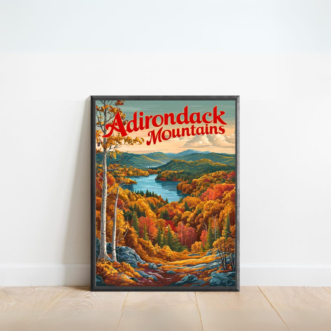 Adirondack Mountains Vintage Poster with Birch Trees and Lake View