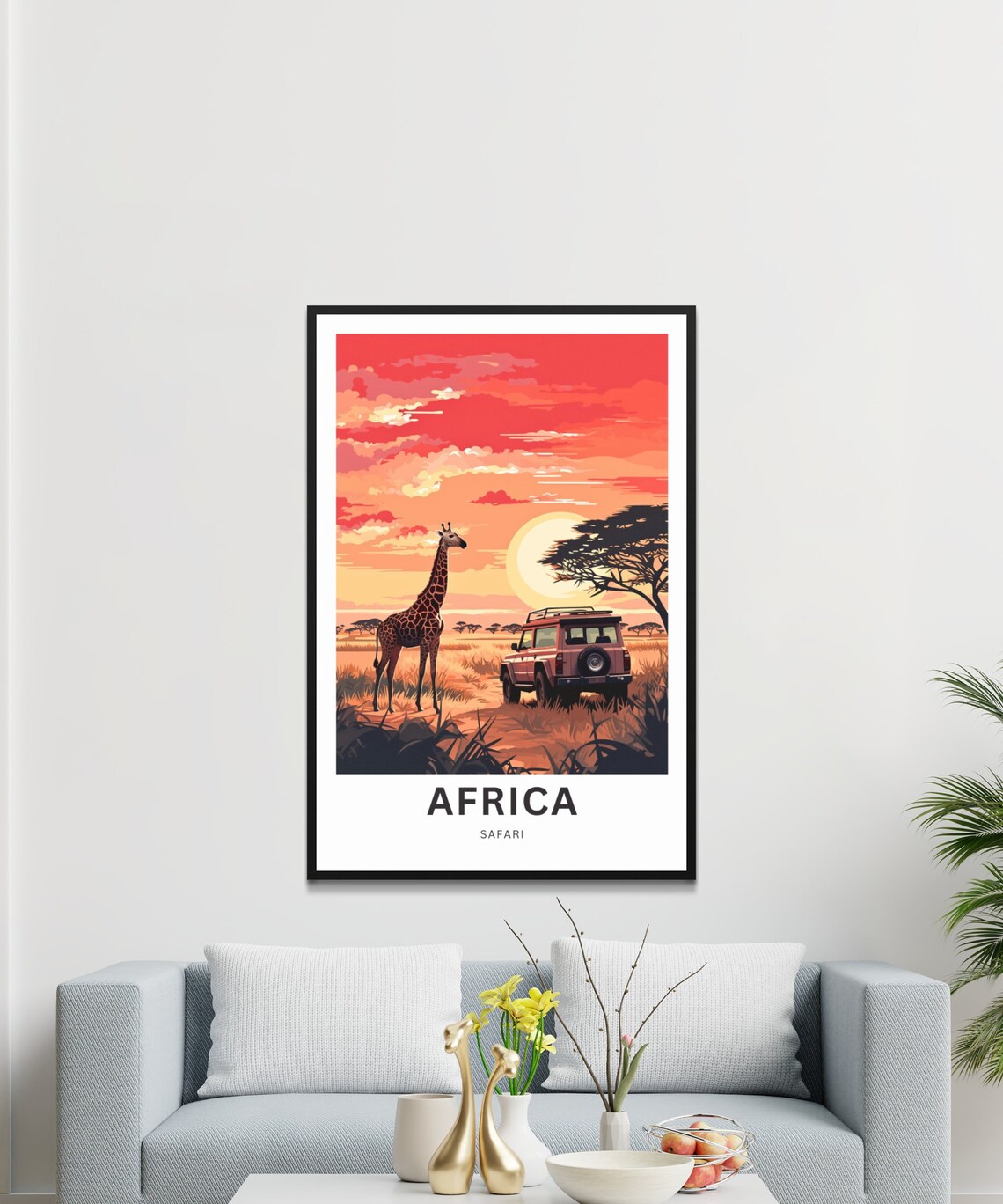 Africa Safari Sunset Poster with Lone Giraffe and Red Jeep Art - Image 3