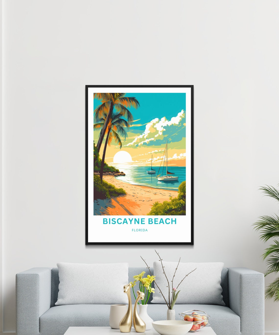 Biscayne Beach Florida Sunset Palms Sailing Coast Travel Poster - Image 3