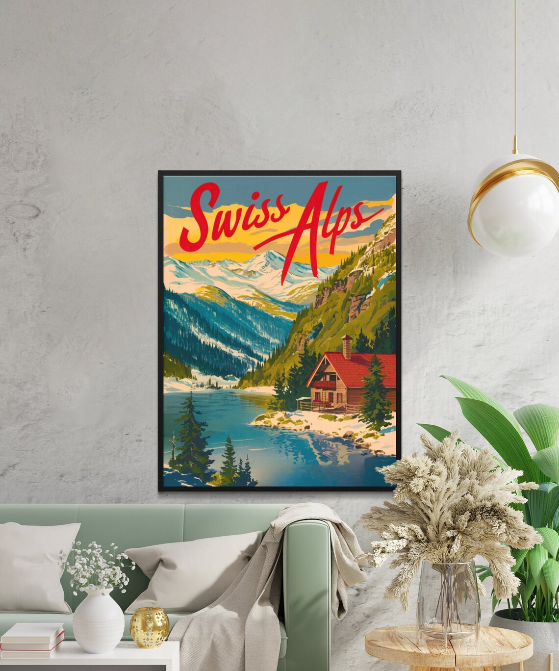 Swiss Alps Vintage Style Lake Cabin and Snowy Peaks Art Poster - Image 2