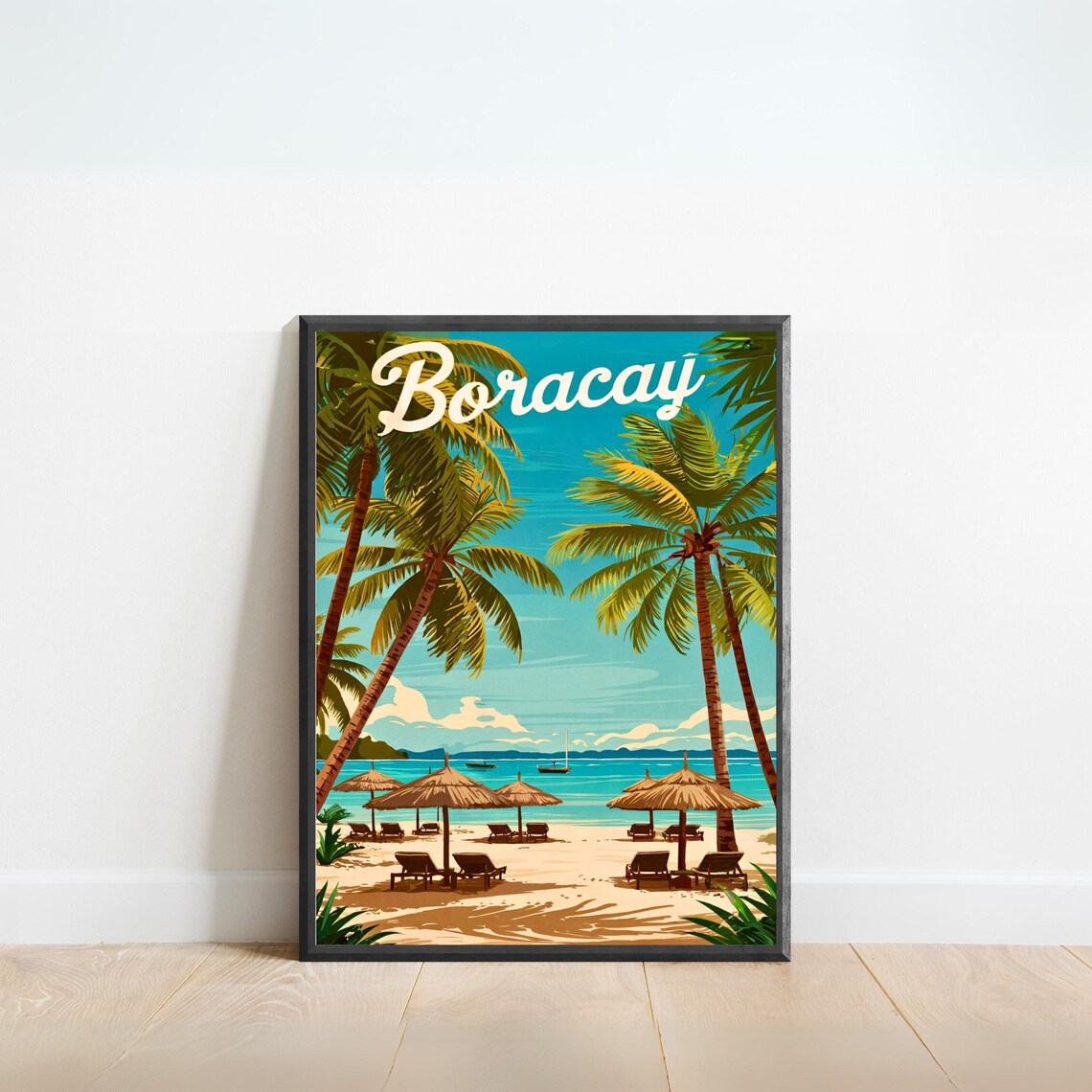 Boracay Philippines Vintage Palm Beach Umbrella Retro Travel Poster