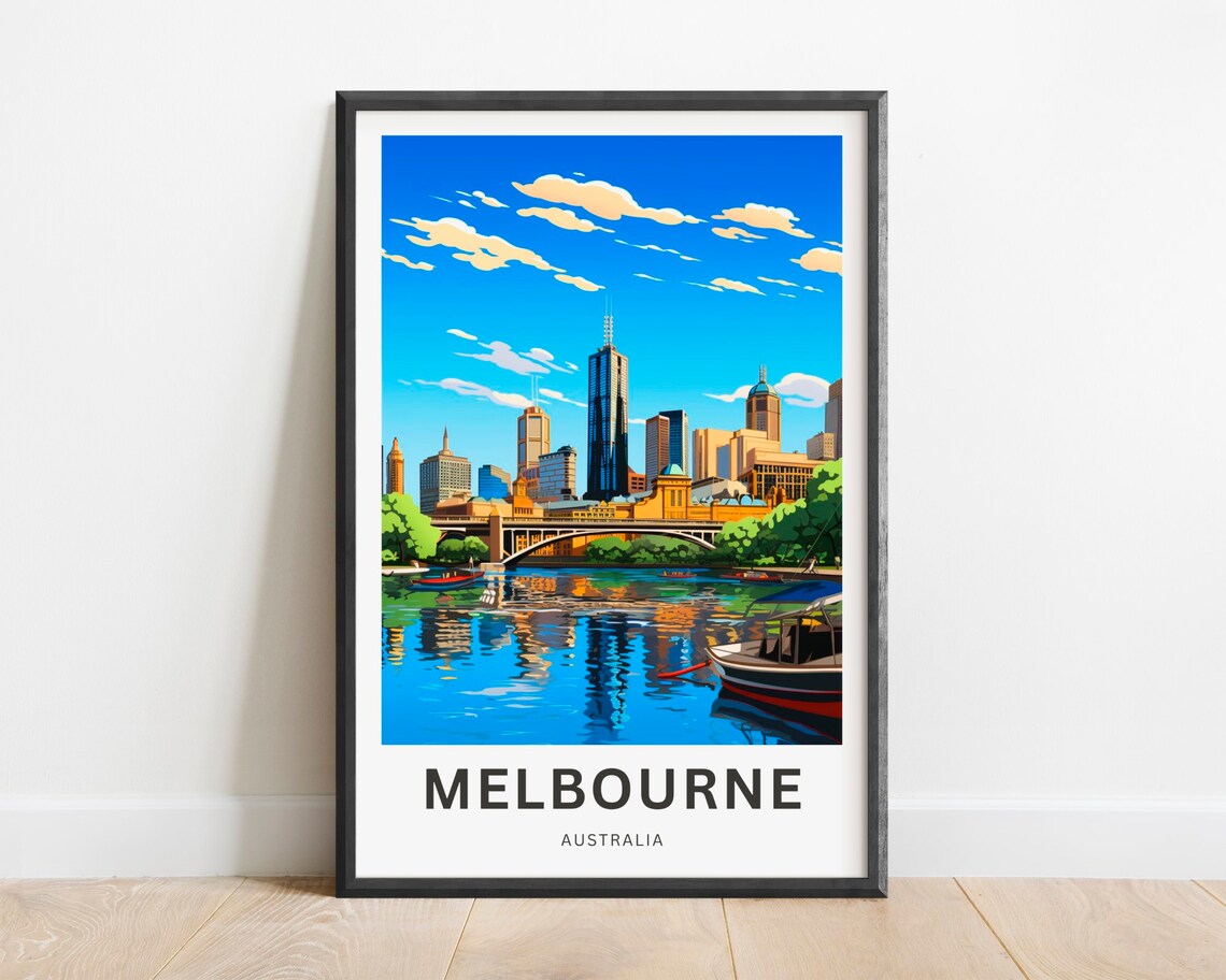 Melbourne Australia Riverfront Boat Skyline City Travel Poster