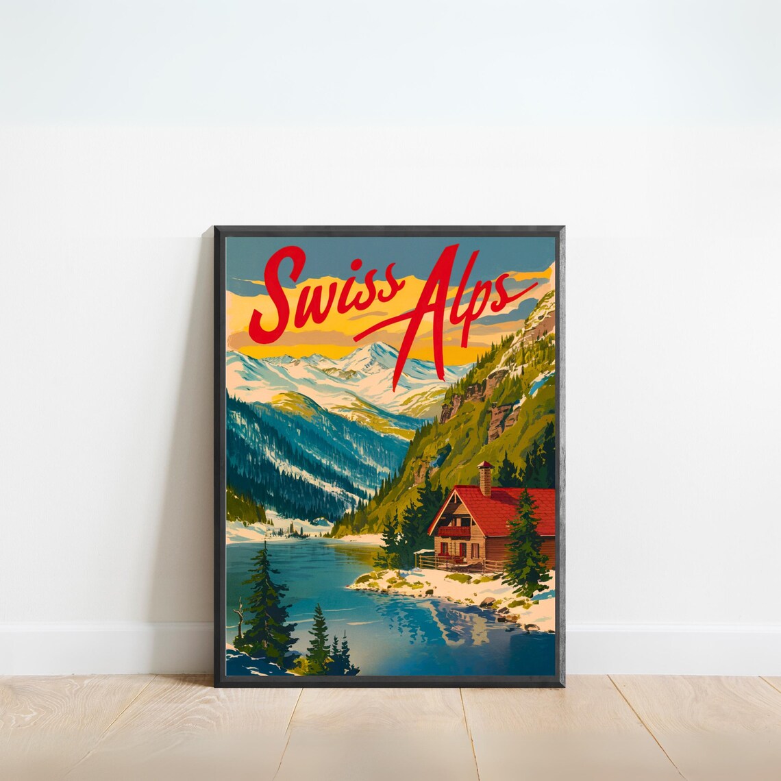 Swiss Alps Vintage Style Lake Cabin and Snowy Peaks Art Poster