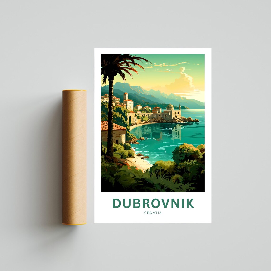 Dubrovnik Croatia Teal Bay Old Town Walls Palm Travel Art Poster - Image 4