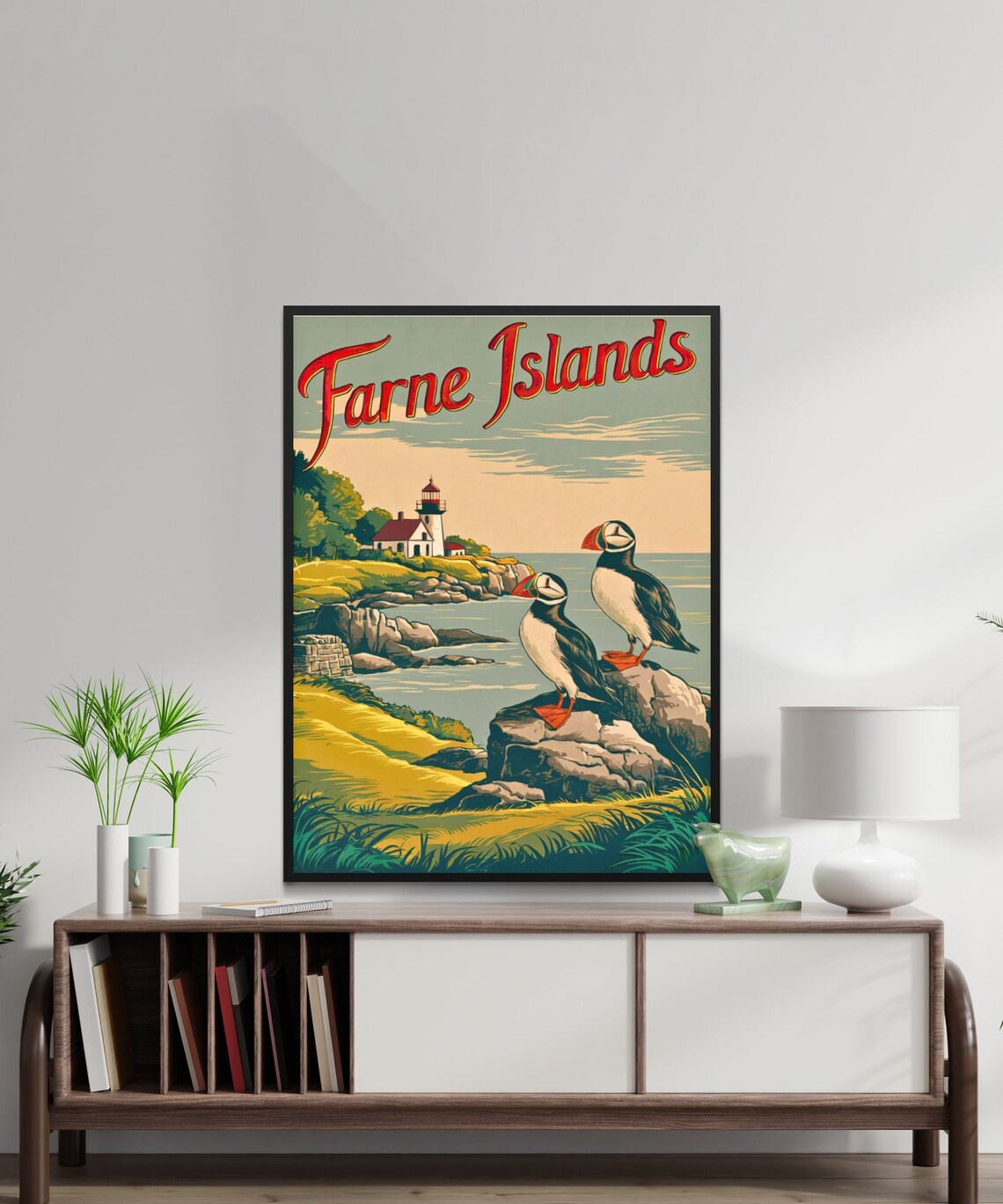 Farne Islands Vintage Puffin Lighthouse Coastal Retro Travel Poster - Image 2