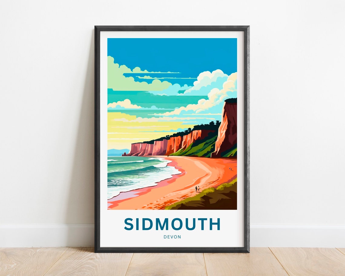 Sidmouth Devon Red Cliffs Sweeping Beach and Blue Sea Retro Poster