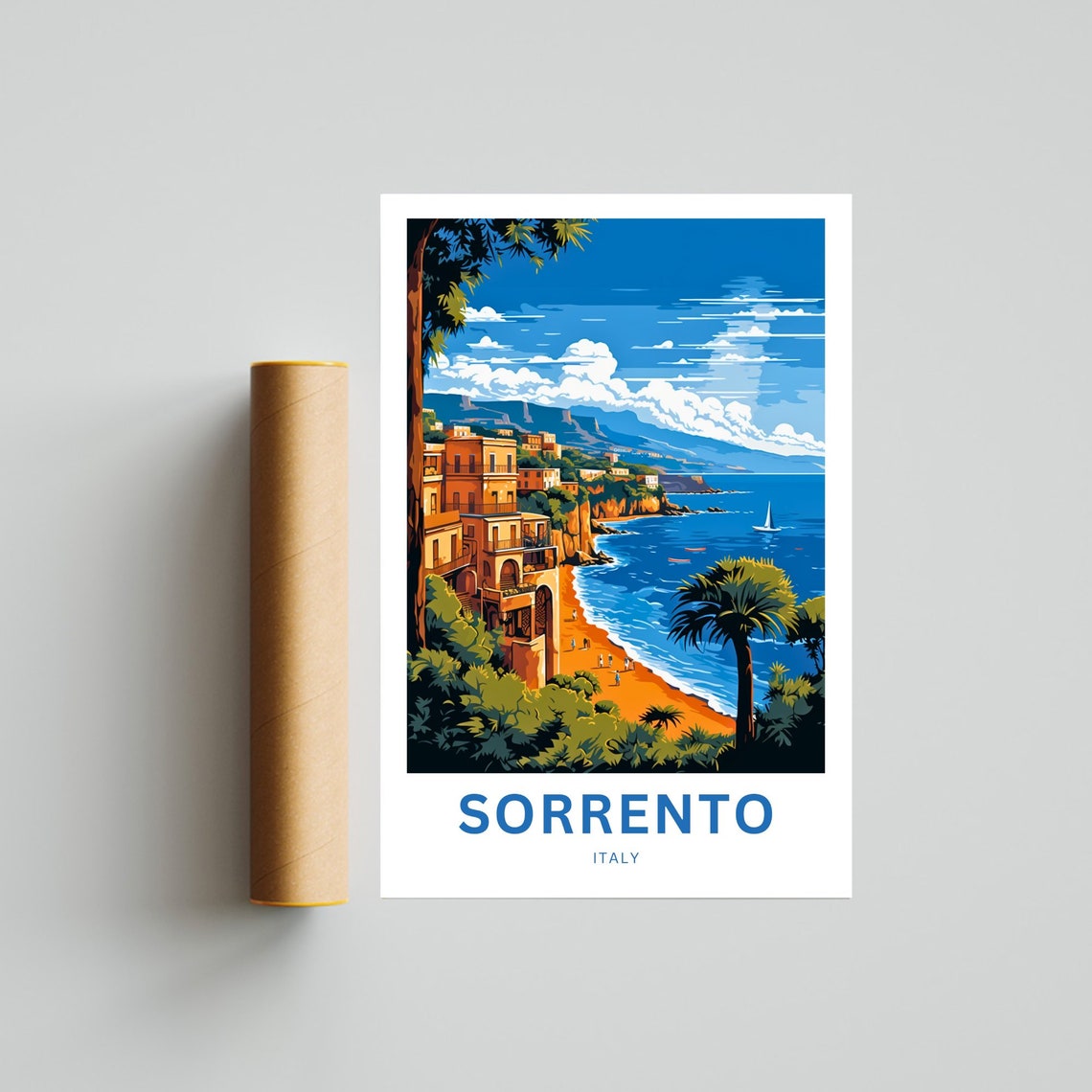 Sorrento Italy Beach Palms Distant Mountain Custom Art Poster - Image 4