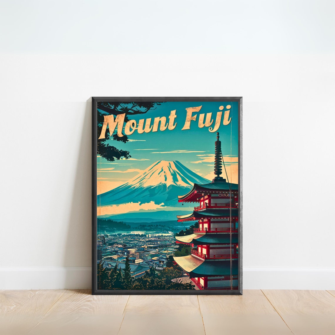 Mount Fuji Japan Snowcapped Pagoda Town Skyline Vintage Poster