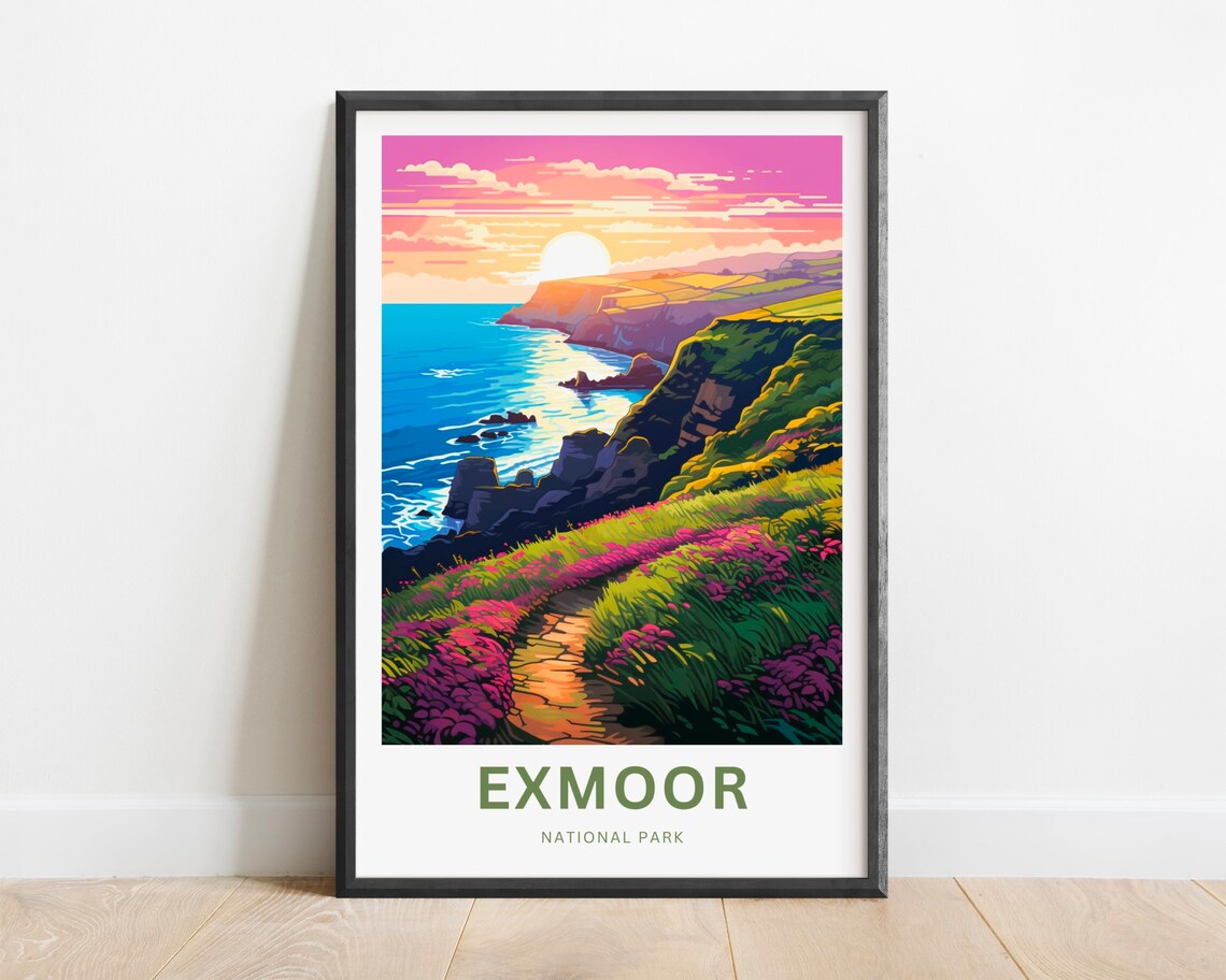 Exmoor National Park Sunset Cliff Path Heather Coast Travel Poster
