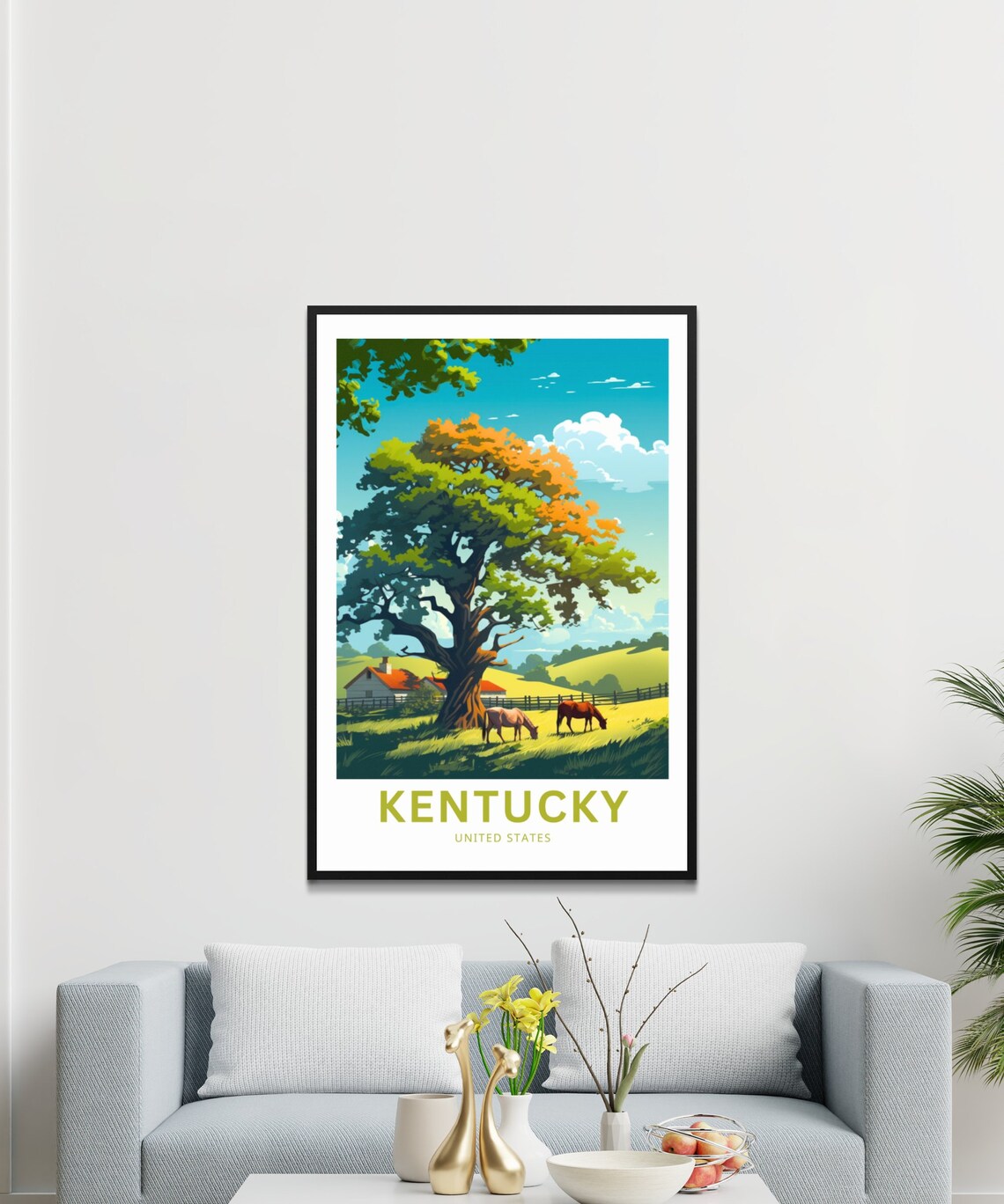 Kentucky Horse Farm with Grand Oak Tree Pasture Scene Travel Poster - Image 3