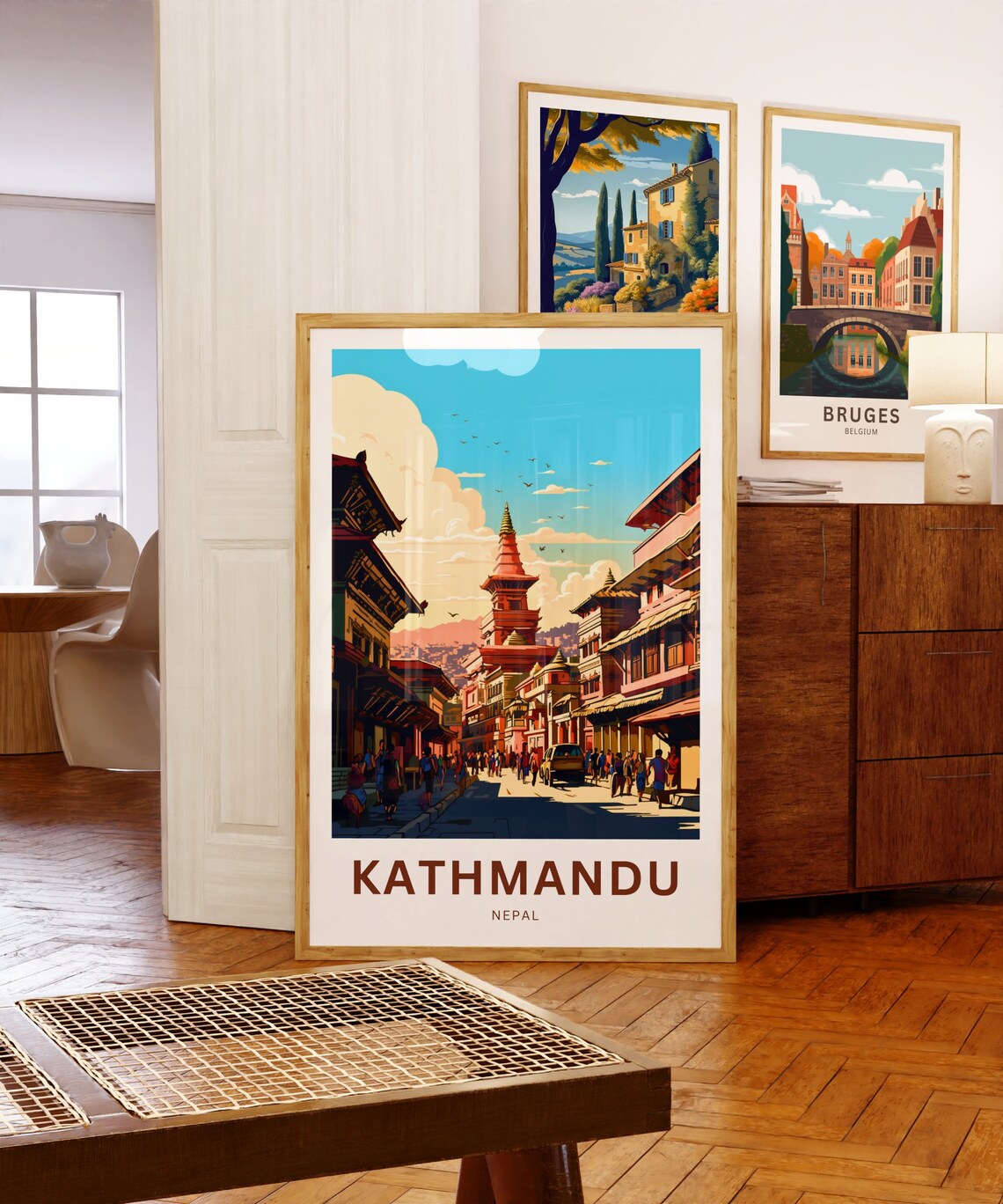 Kathmandu Nepal Old Town Temple Street Vintage Travel Poster - Image 5