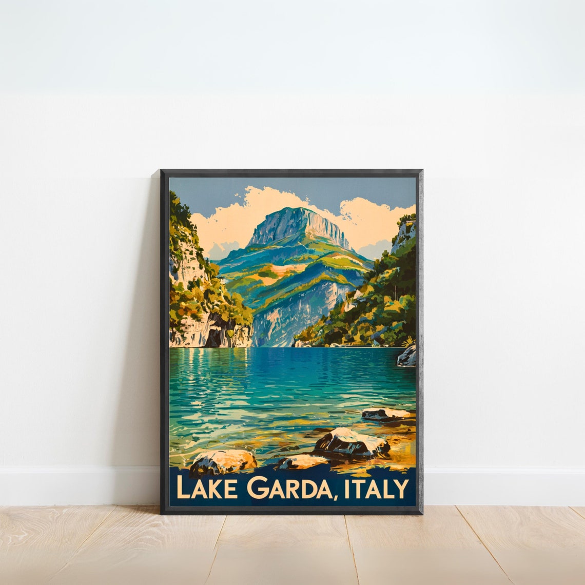 Lake Garda Italy Rocky Shore Mountain Lake View Vintage Poster