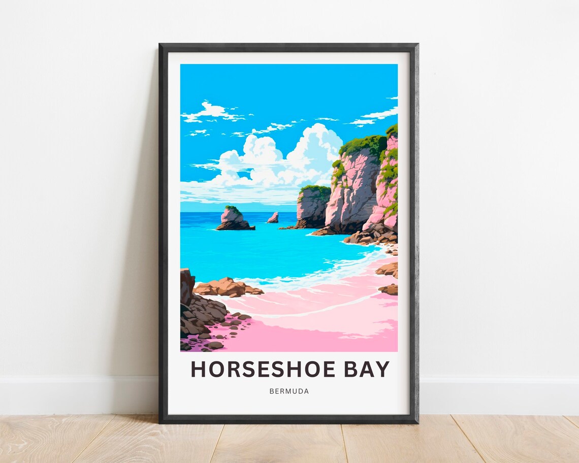 Horseshoe Bay Bermuda Travel Poster Pink Sand Beach Art Decor
