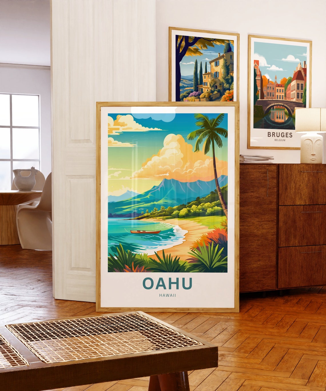 Oahu Hawaii Canoe on Beach Turquoise Sea Mountain Travel Poster - Image 5