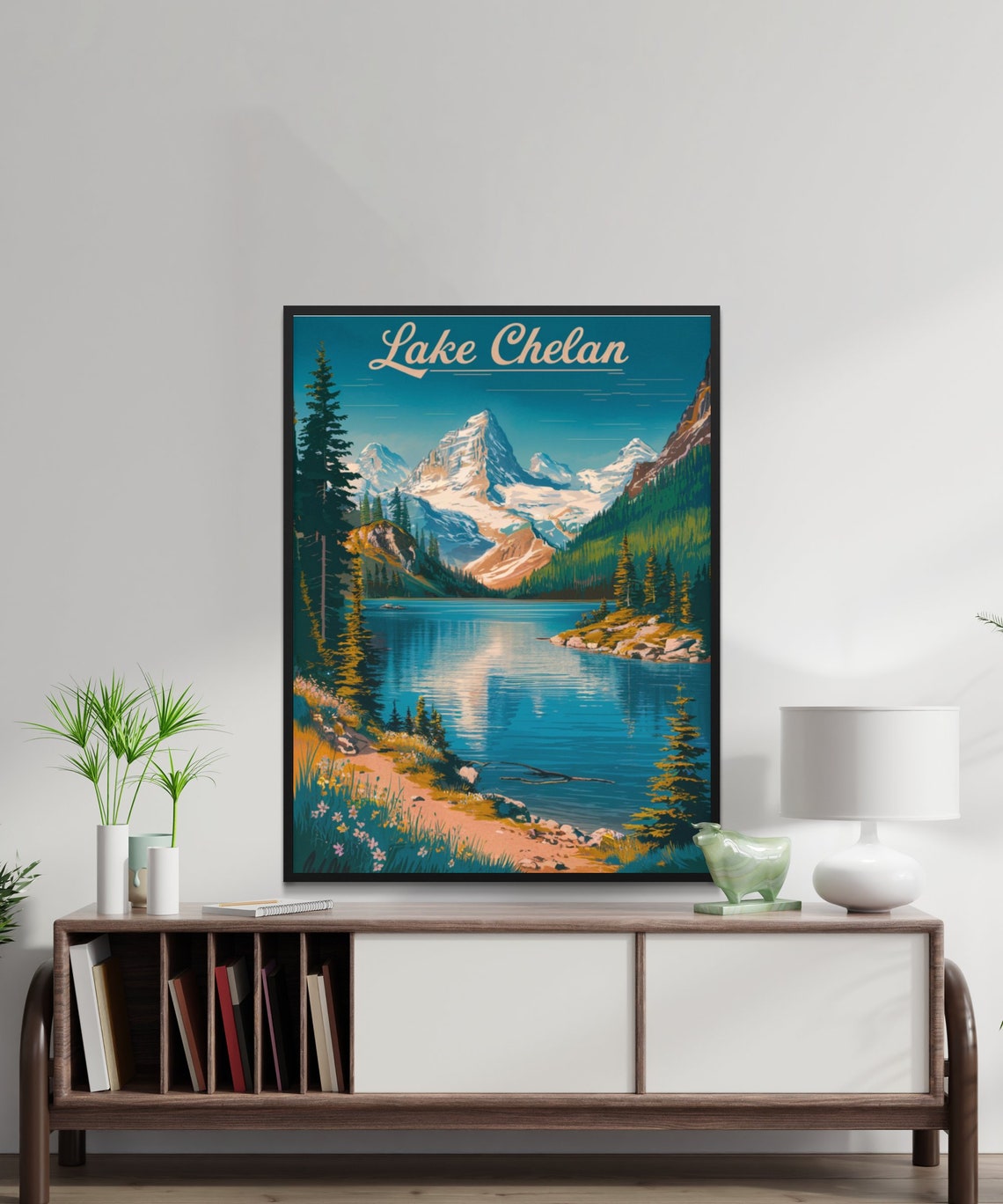 Lake Chelan Script Lettering Vintage Mountain Lake Travel Poster Gift - Image 2