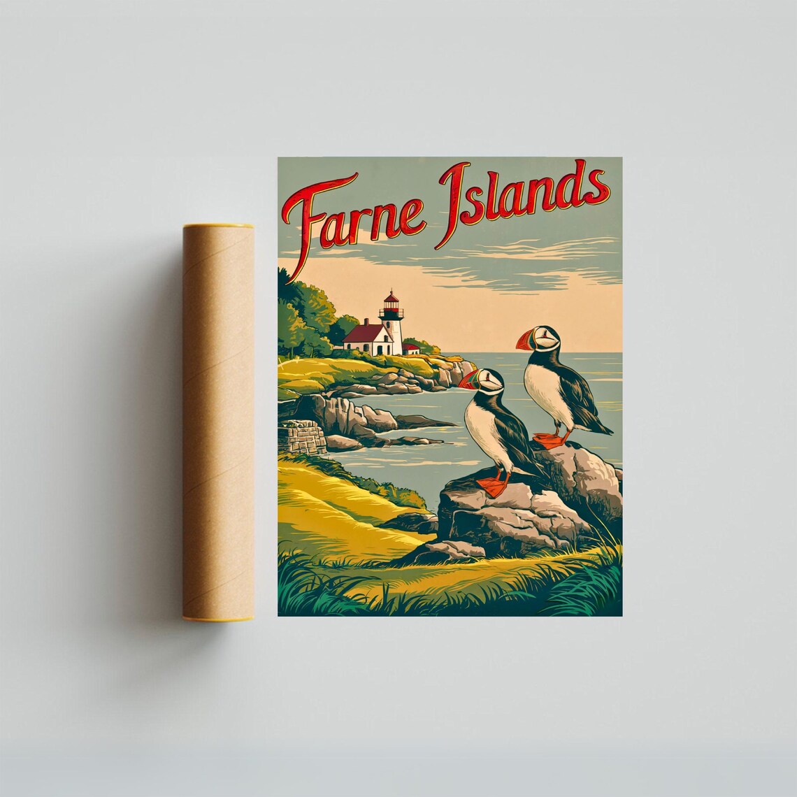 Farne Islands Vintage Puffin Lighthouse Coastal Retro Travel Poster - Image 3