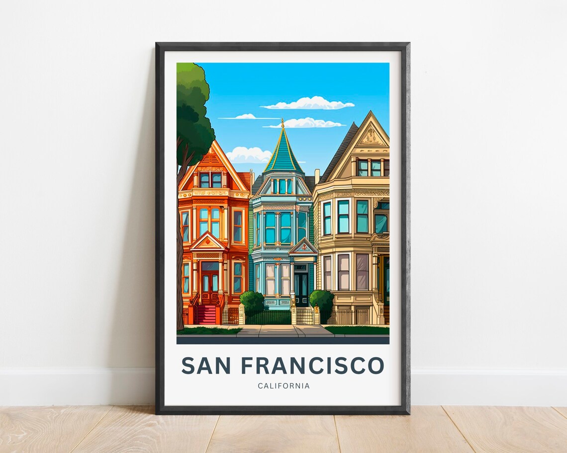San Francisco Trio of Victorian Homes Turret Vintage Travel Poster